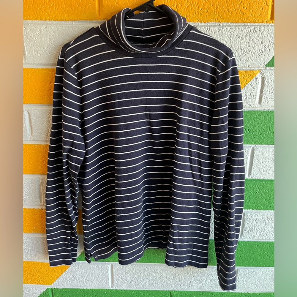 Lands' End Navy and White Striped Turtleneck Sweater